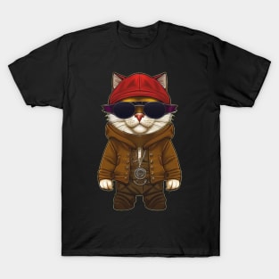 Cool Cartoon Cat in Jacket, Cap, and Sunglasses T-Shirt